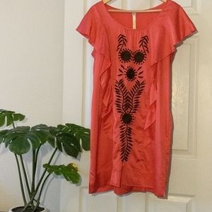 Coral dress with beautiful black embroidery